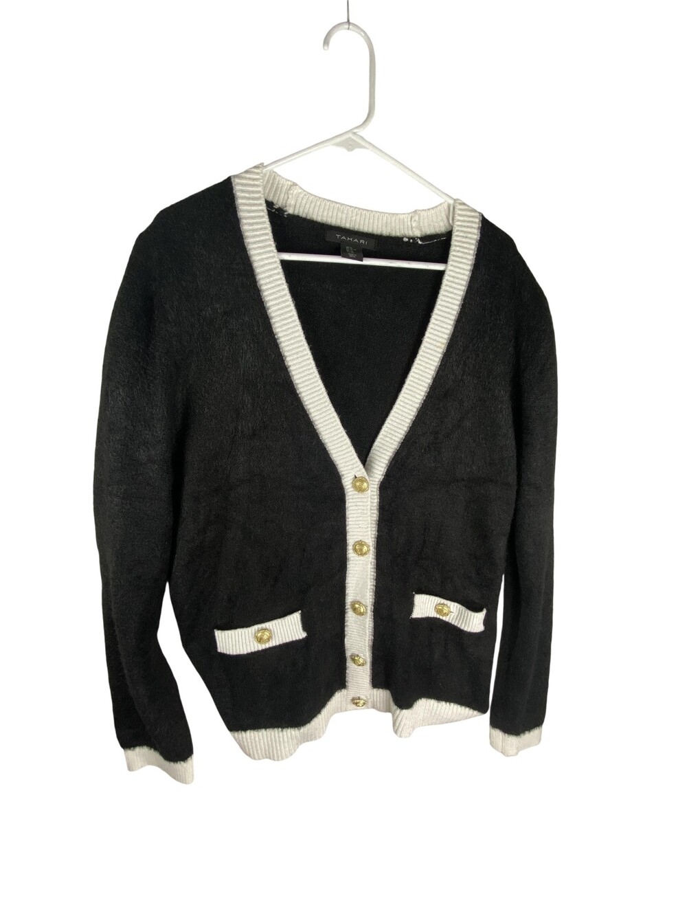 Tahari Cardigan Sweater Womens XL Black White Fuzzy Knit Gold Button Front Trim